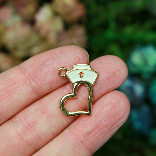 Nurse Cap Heart Charms Gold Plated White Enamel with Red Cross Design 5pcs
