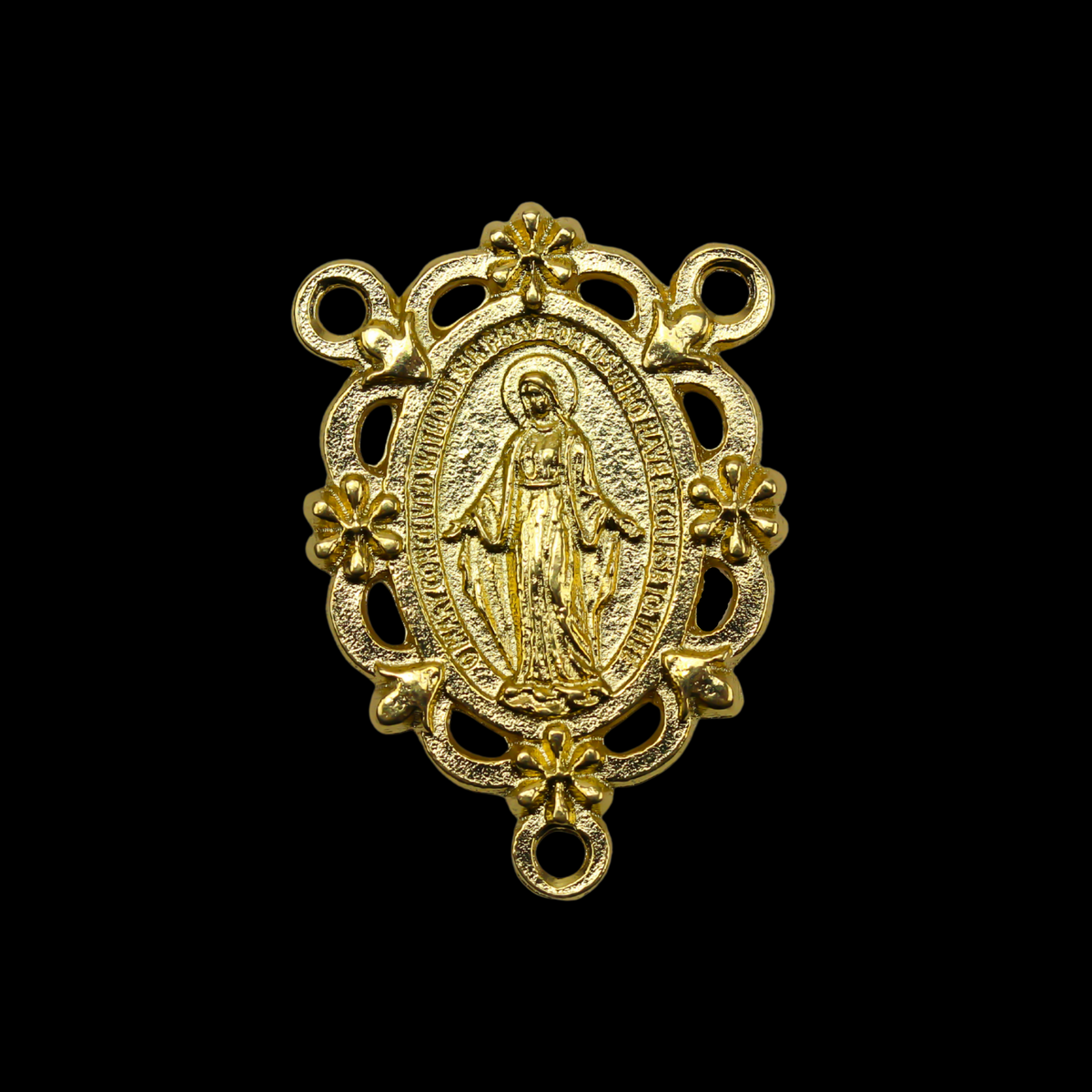 gold tone Miraculous Medal rosary centerpiece that has gorgeous details with filigree cut out design and floral detailing