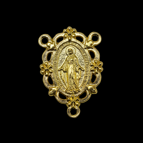 gold tone Miraculous Medal rosary centerpiece that has gorgeous details with filigree cut out design and floral detailing