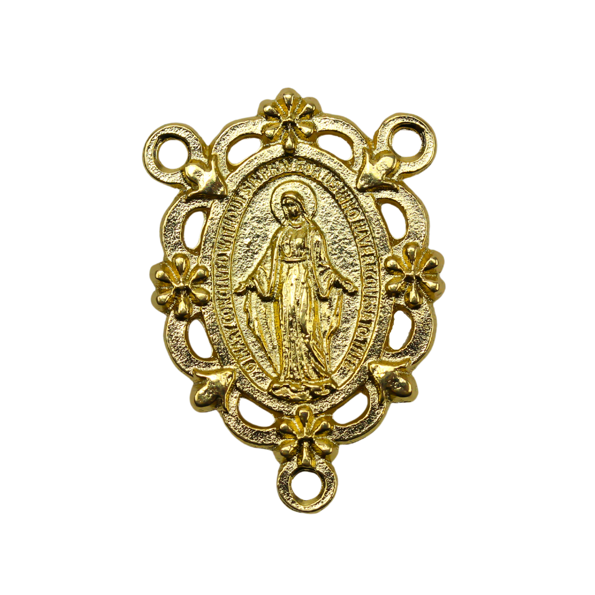 gold tone Miraculous Medal rosary centerpiece that has gorgeous details with filigree cut out design and floral detailing