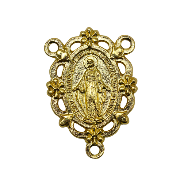 gold tone Miraculous Medal rosary centerpiece that has gorgeous details with filigree cut out design and floral detailing