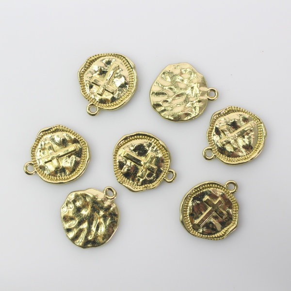 Rustic round cross charms in a shiny gold finish 22mm long