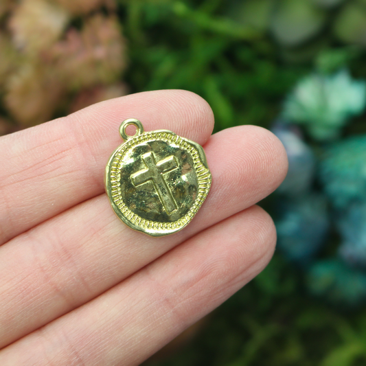 Rustic round cross charms in a shiny gold finish 22mm long