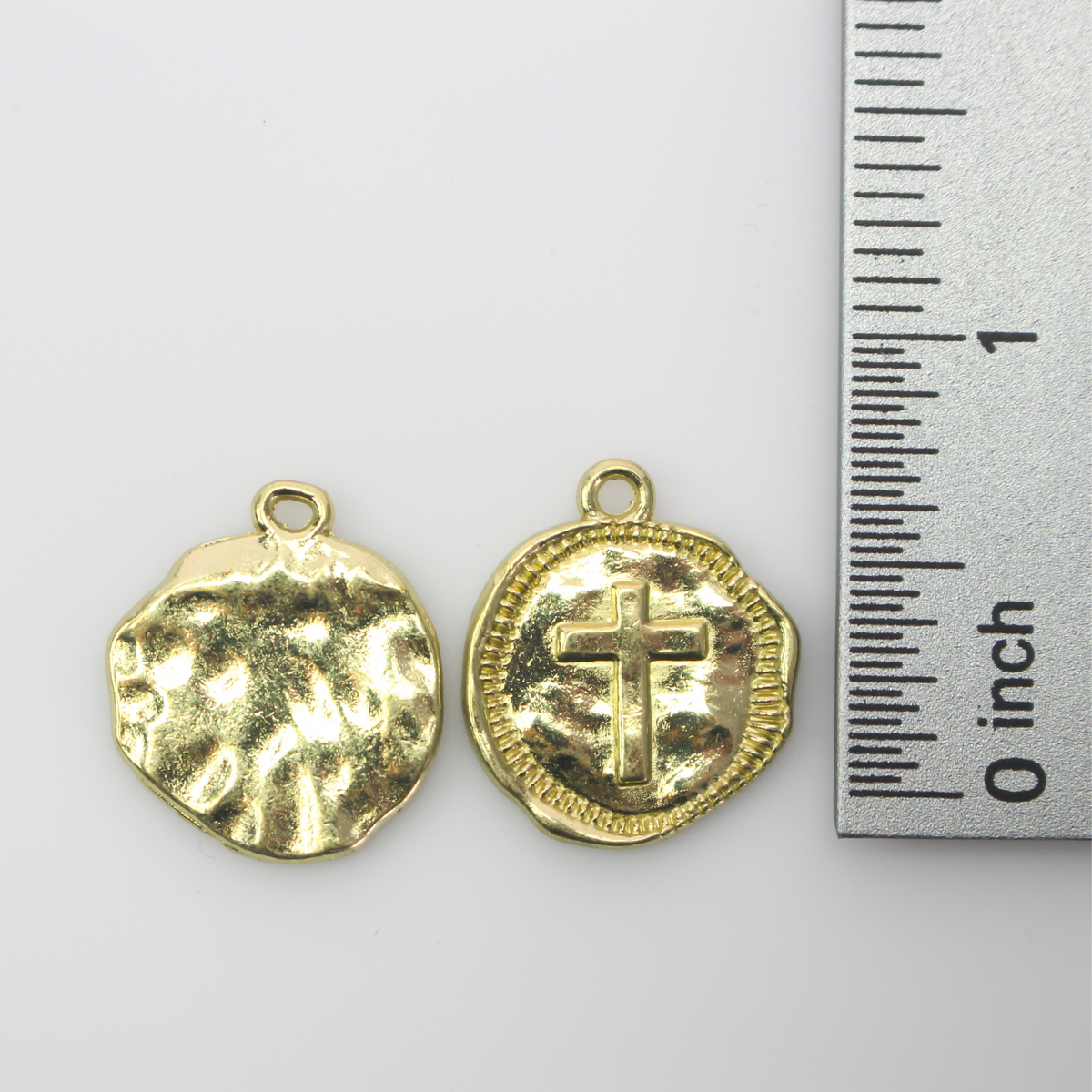 Rustic round cross charms in a shiny gold finish 22mm long
