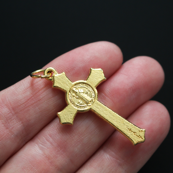 Gold tone Saint Benedict crucifix with flared edges, 1.5 inches long