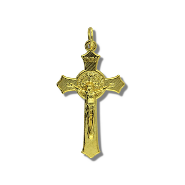Gold tone Saint Benedict crucifix with flared edges, 1.5 inches long