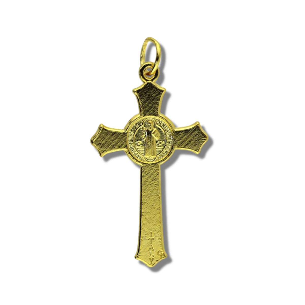 Gold tone Saint Benedict crucifix with flared edges, 1.5 inches long
