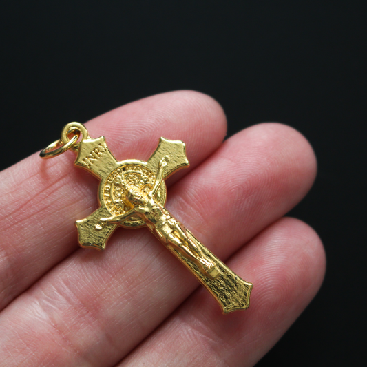 Gold tone Saint Benedict crucifix with flared edges, 1.5 inches long