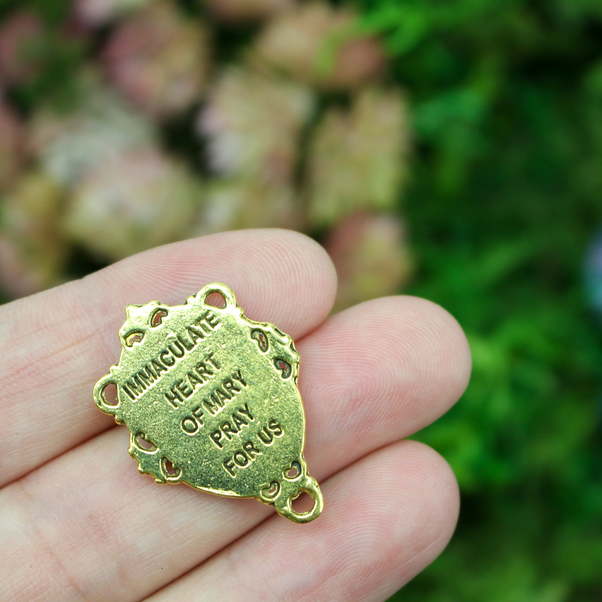 Immaculate Heart of Mary rosary centerpiece in antique gold color