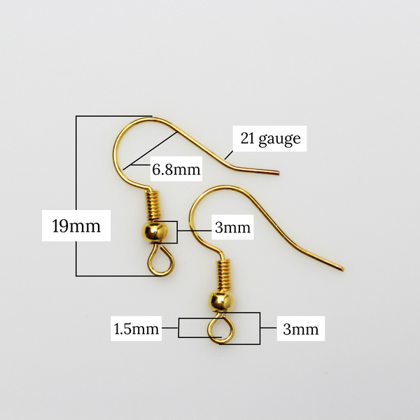 Brass earring hooks with a horizontal loop and a shiny golden finish, 21 gauge wire. Sold in packages of 30 hooks (15 pairs).