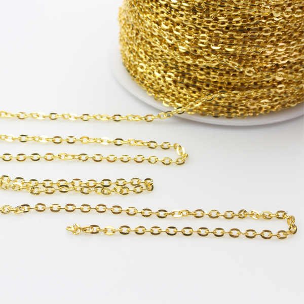Iron cable chain that has soldered oval links that are gold tone in color. Sold in lengths of 5 feet.