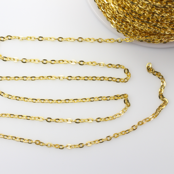 Iron cable chain that has soldered oval links that are gold tone in color. Sold in lengths of 5 feet.