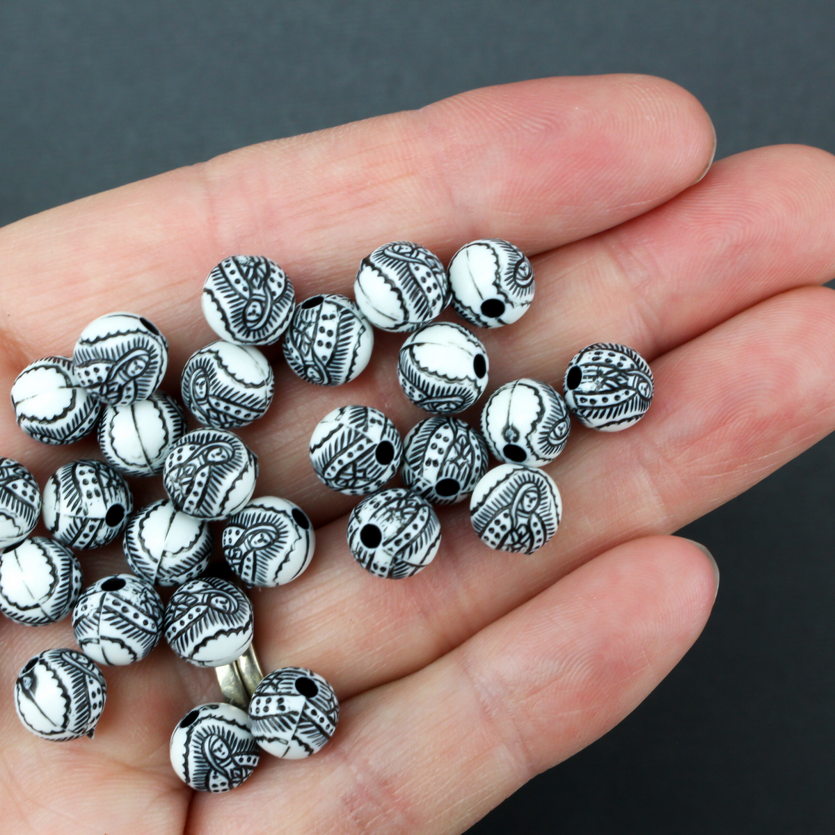 8mm round acrylic white craft beads with etched image of our lady of guadalupe