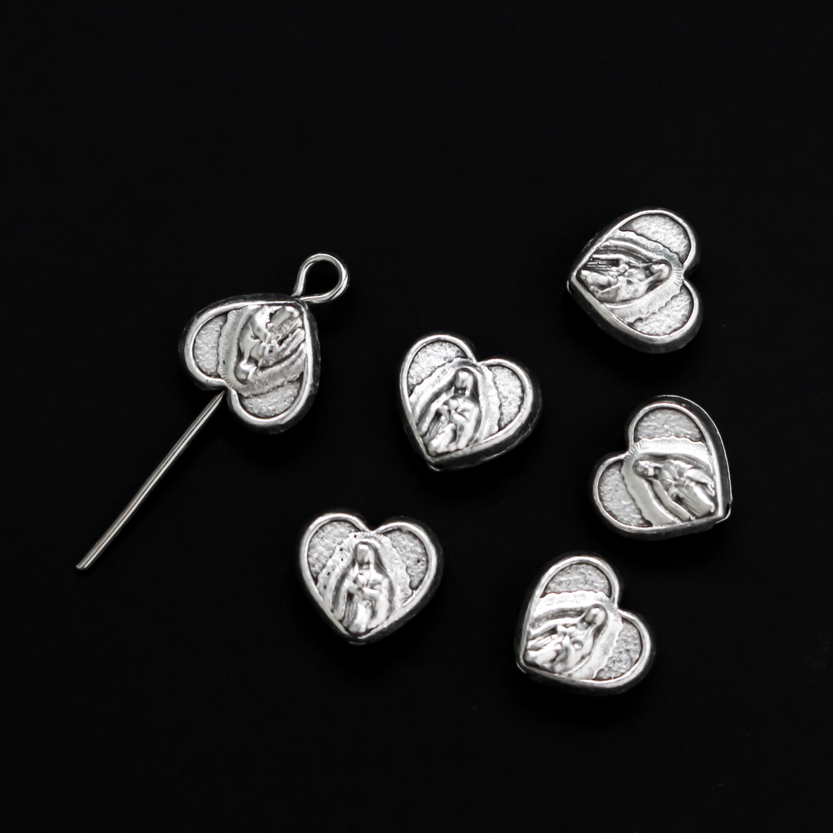Our Lady of Guadalupe Beads, Metal Heart Shaped Our Father Beads - 6pcs