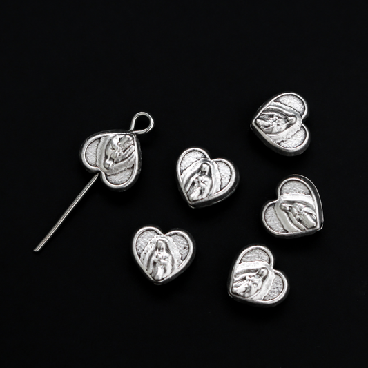 Our Lady of Guadalupe Beads, Metal Heart Shaped Our Father Beads - 6pcs
