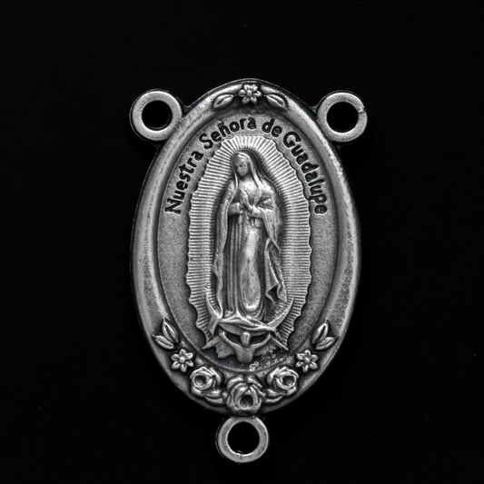Large Rosary centerpiece that features Our Lady of Guadalupe on the front and the Divine Mercy of Jesus on the back
