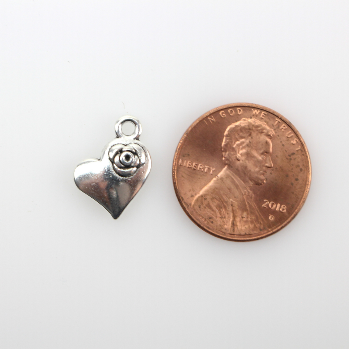Heart Charms with Rose Detail Silver Tone Color - Rose Symbol of the Virgin Mary 10pcs