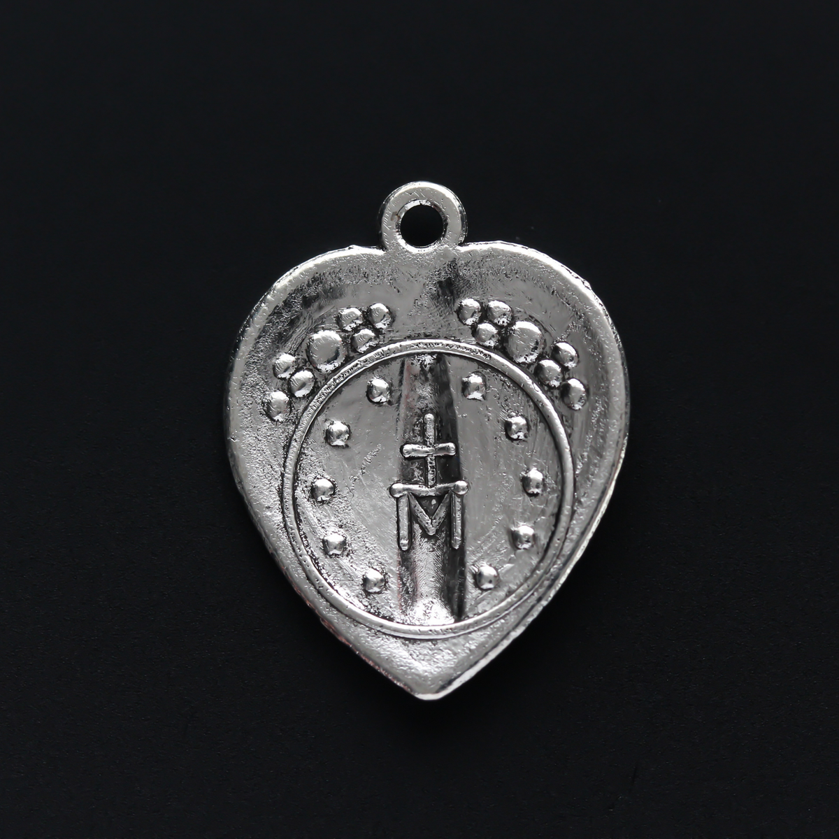 Heart Shaped Miraculous Mary Medal Charms - Antiqued Silver Color 5pcs