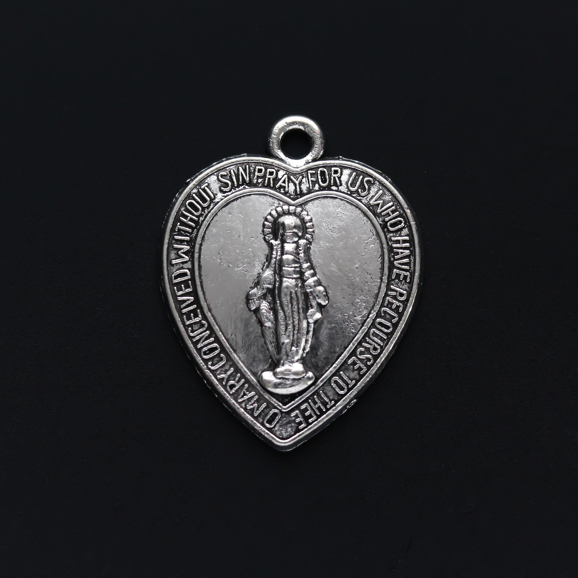 miraculous medal heart shaped charm in silver tone color