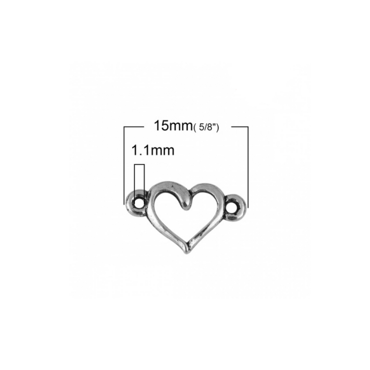 Hollow heart connector links that are sold in packs of 20 pieces.