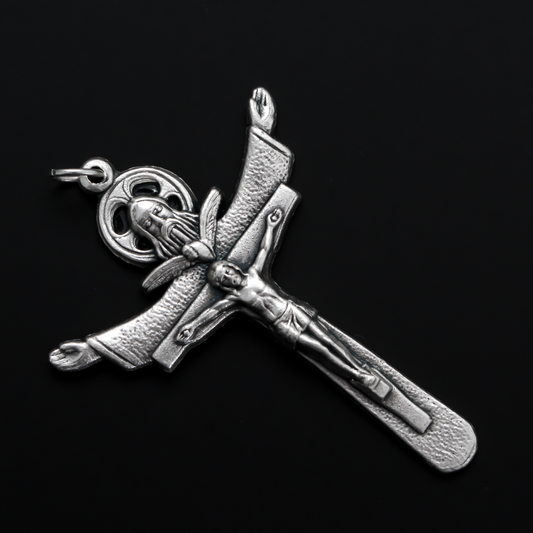 Holy trinity crucifix with the father, the son, and the holy ghost represented on the front of the crucifix. The backside of the cross is marked "Tertium Millennium" with the Greek letters Alpha and Omega