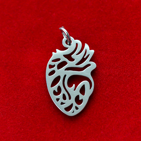 stainless steel anatomical human heart pendant with cutout design 20mm long