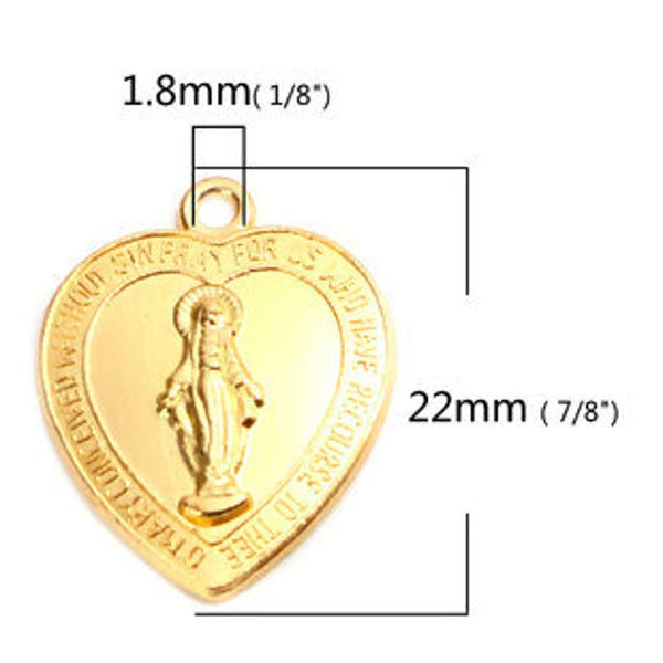 Heart Shaped Miraculous Mary Medal Charms - Gold Tone Color 5pcs