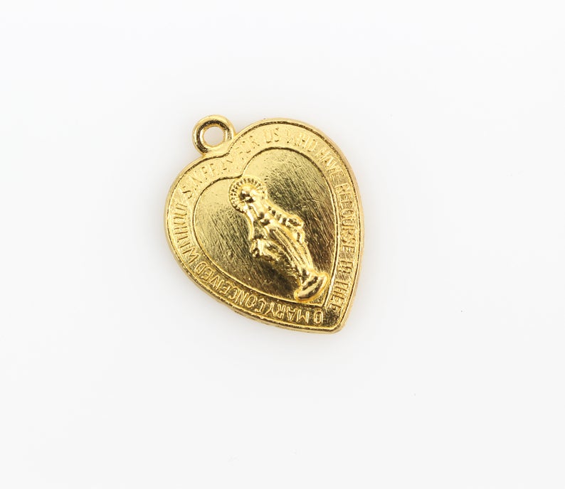 Heart Shaped Miraculous Mary Medal Charms - Gold Tone Color 5pcs