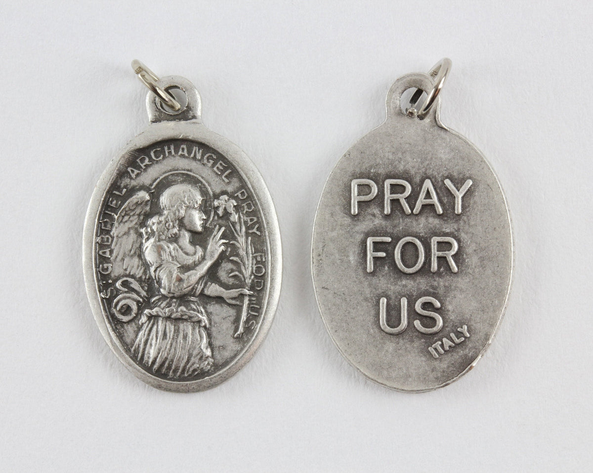 front and back view of die cast patron saint medal gabriel