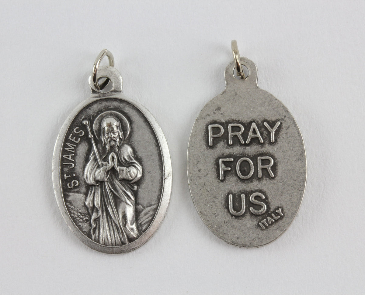 front and back view of die cast patron saint james medal 