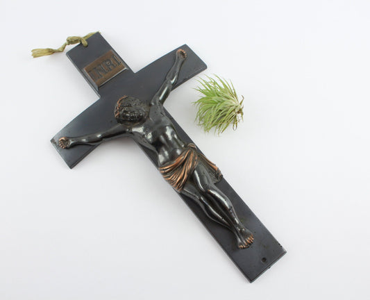 Vintage Large Coffin Crucifix - Vintage Funeral Memento - Metal Casket Crucifix Wall Hanging