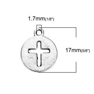 Round Cross Charms with Cutout Cross Design - Silver Tone 10pcs
