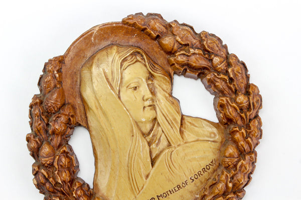Vintage Syroco Style Our Mother of Sorrow Wall Plaque - Ornate Carved Relief Image Blessed Virgin Mary Wall Hanging