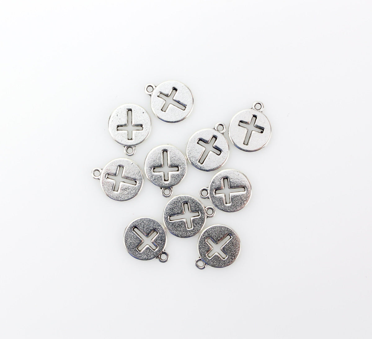 Round Cross Charms with Cutout Cross Design - Silver Tone 10pcs