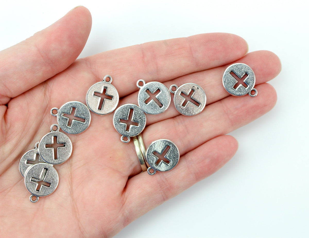 Round Cross Charms with Cutout Cross Design - Silver Tone 10pcs
