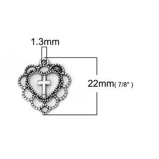 Filigree Heart Cross Charms in Antiqued Silver Tone Color, 5pcs