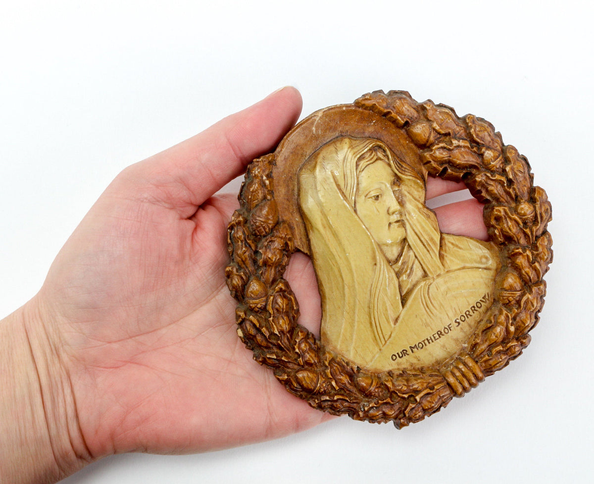 Vintage Syroco Style Our Mother of Sorrow Wall Plaque - Ornate Carved Relief Image Blessed Virgin Mary Wall Hanging