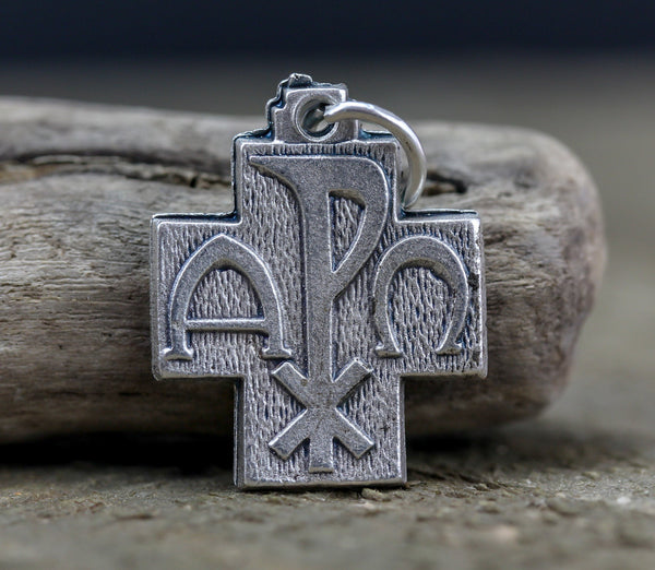 Alpha Omega Cross Pendant - Silver Chi Rho Jesus Christogram 1pc