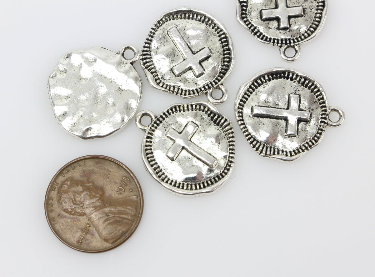 Round Rustic Cross Charms - Silver Tone 10pcs