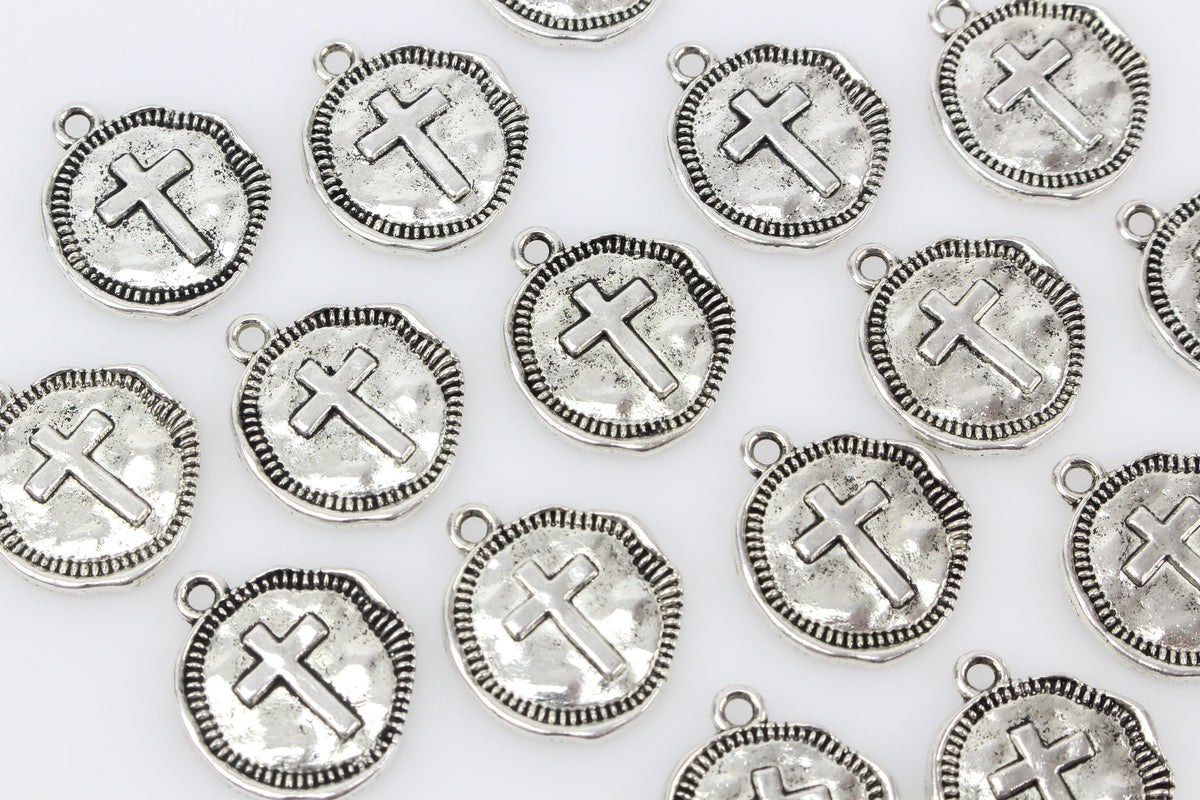 Round Rustic Cross Charms - Silver Tone 10pcs