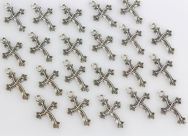 Religious Cross Charms with Vine Leaf Pattern - Silver Tone 25pcs
