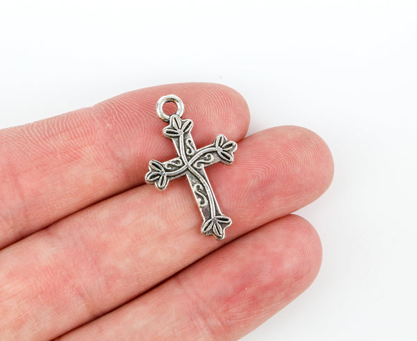 Religious Cross Charms with Vine Leaf Pattern - Silver Tone 25pcs