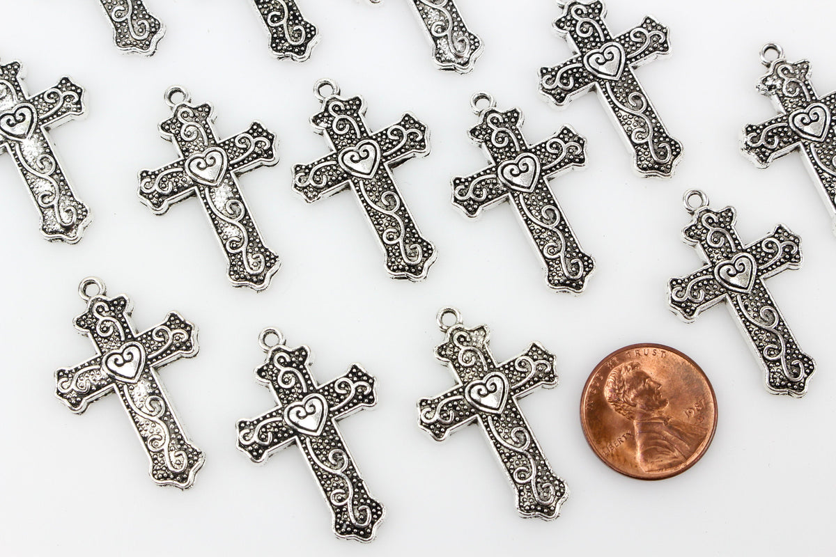Ornate Heart Cross Charms - Silver Tone Religious Pendant 10pcs