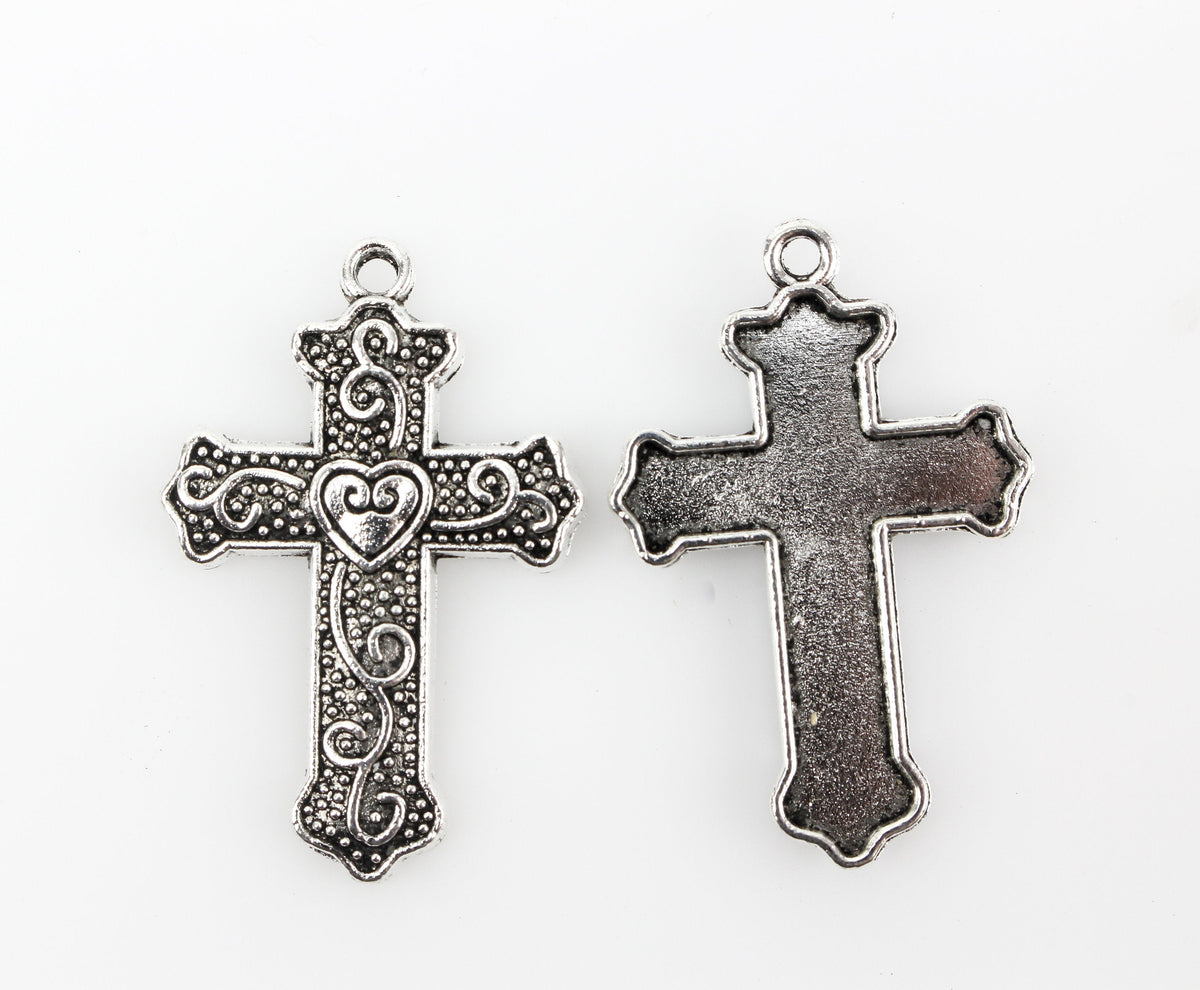 Ornate Heart Cross Charms - Silver Tone Religious Pendant 10pcs