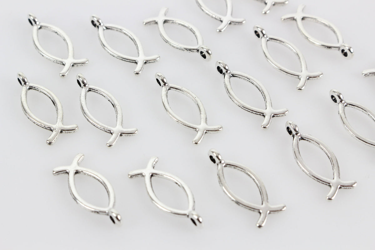 Jesus Fish Charms - Christian Ichthys Symbol - Silver Tone  25pcs