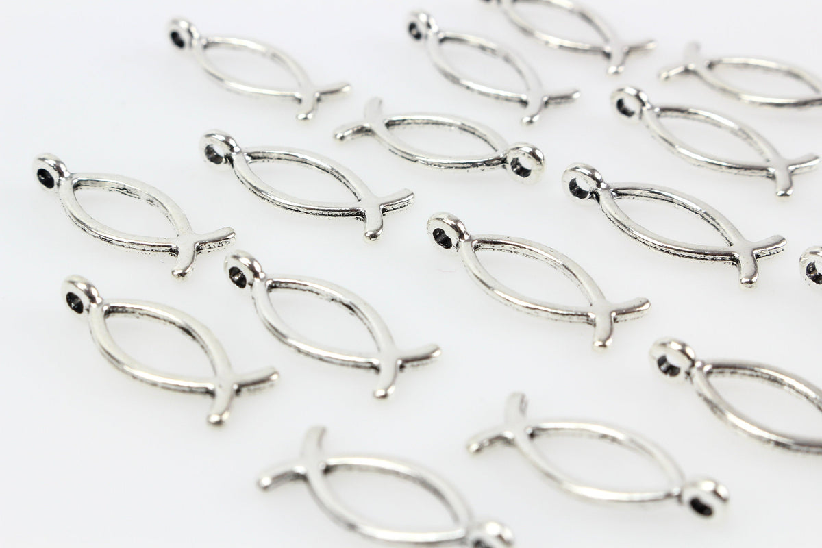 Jesus Fish Charms - Christian Ichthys Symbol - Silver Tone  25pcs