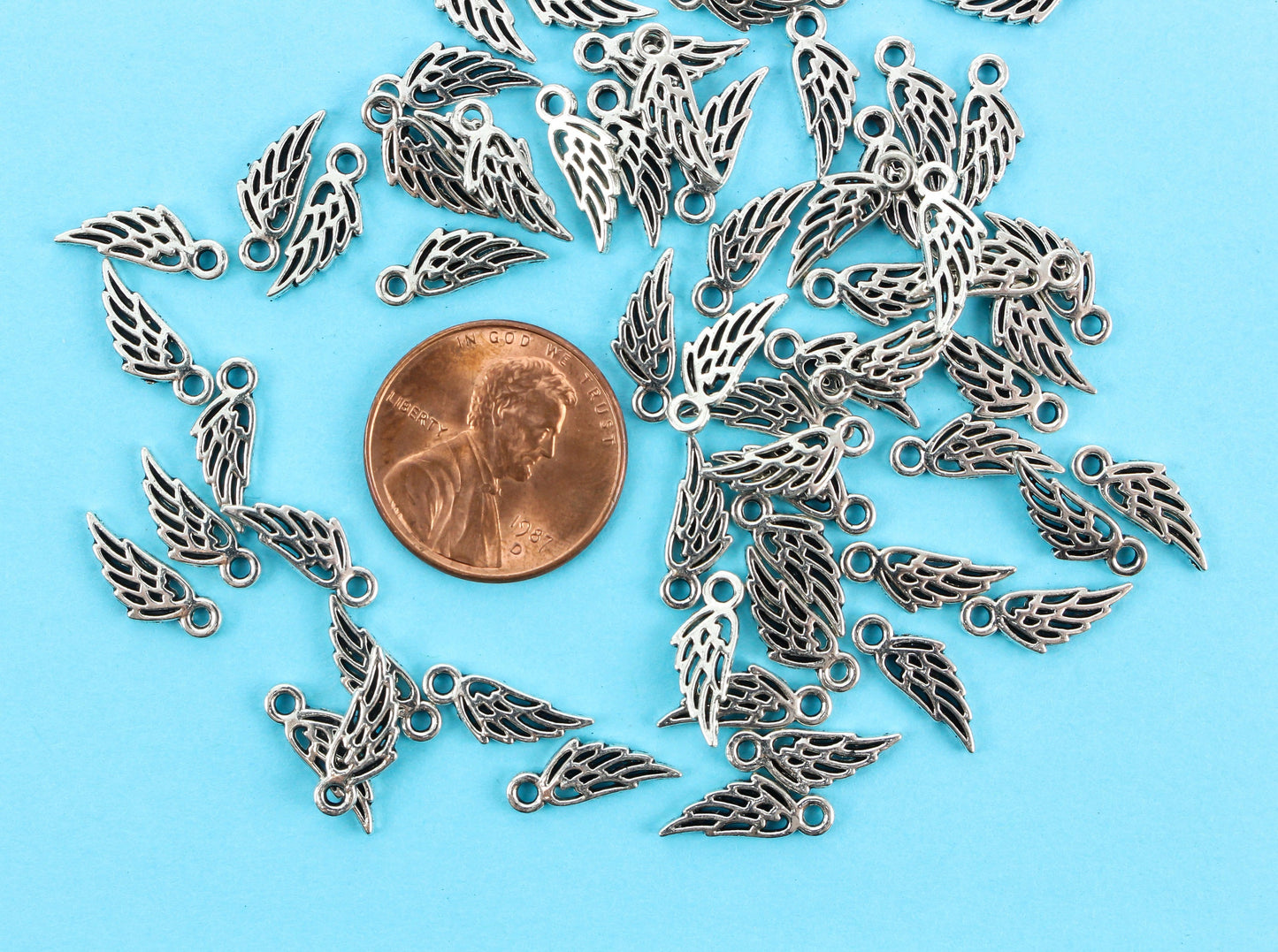 Tiny Wing Charms Double Sided - Silver Tone in Color, 50pcs
