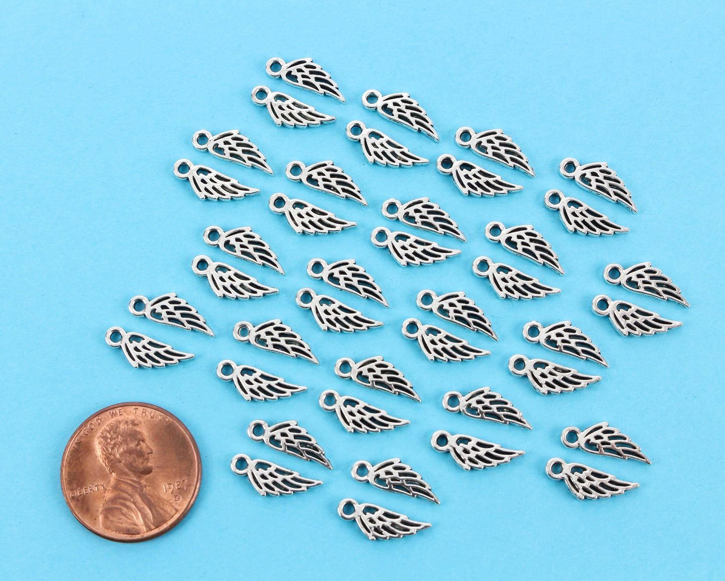 Tiny Wing Charms Double Sided - Silver Tone in Color, 50pcs