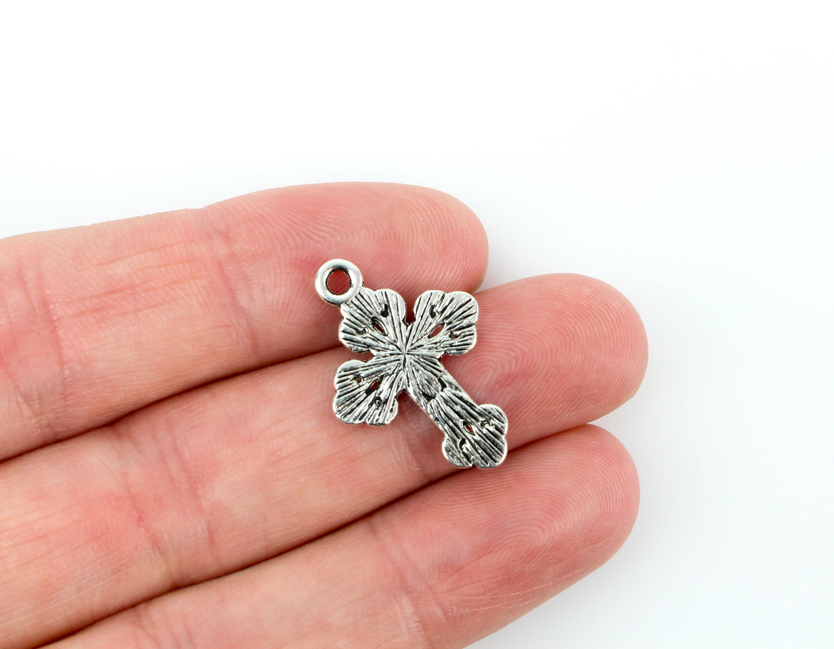 Budded Cross Charms with Optional Rhinestone Setting - Silver Tone 10pcs