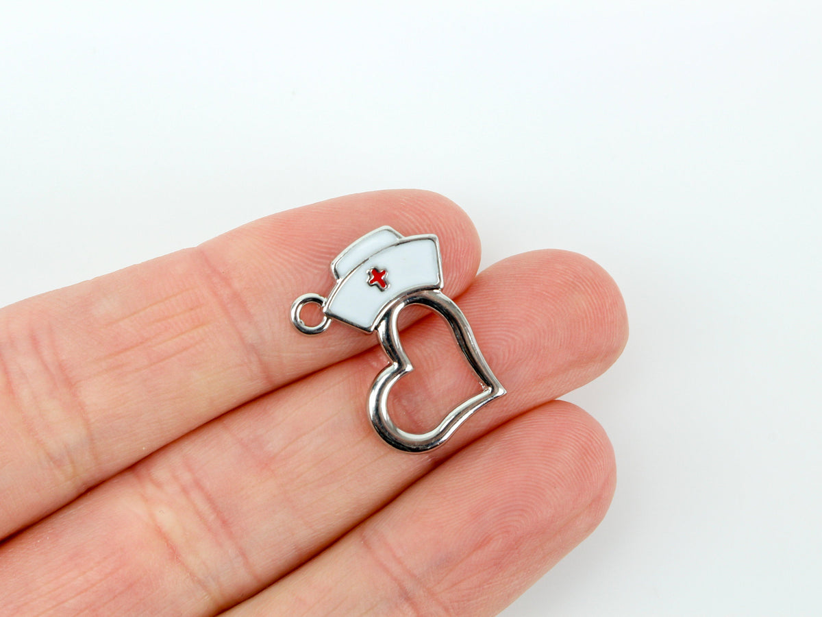 Nurse Cap Heart Charms - White Enamel with Red Cross Design 5pcs